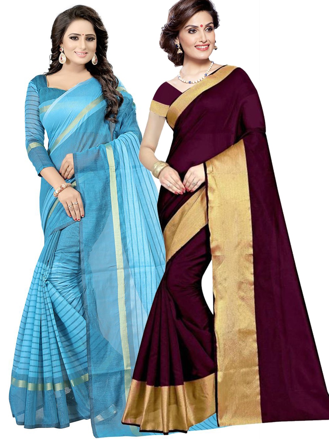 

SAADHVI Pack of 2 Burgundy & Turquoise Blue Striped Zari Silk Cotton Sarees