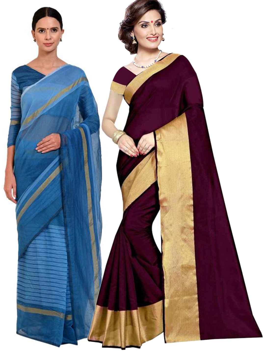 

SAADHVI Pack of 2 Burgundy & Turquoise Blue Zari Silk Cotton Sarees