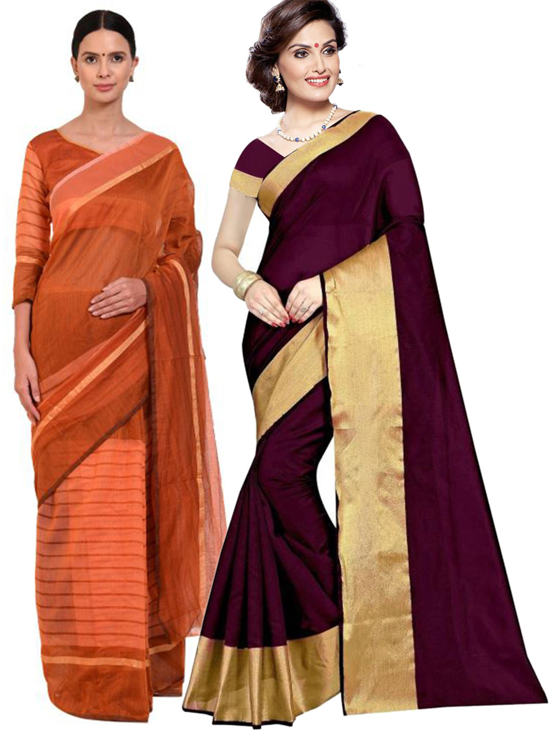 

SAADHVI Pack of 2 Burgundy & Orange Zari Silk Cotton Sarees
