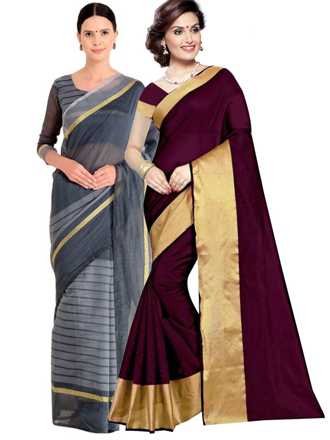 

SAADHVI Set Of 2 Burgundy & Grey Zari Silk Cotton Saree