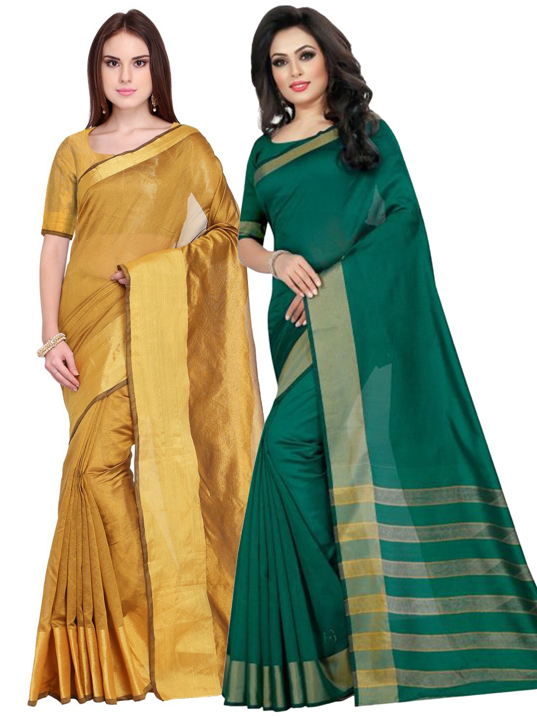 

SAADHVI Gold-Toned & Green Silk Cotton Saree Pack Of 2