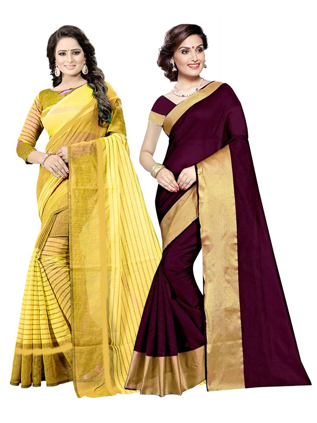 

SAADHVI Burgundy & Yellow Striped Zari Silk Cotton Saree