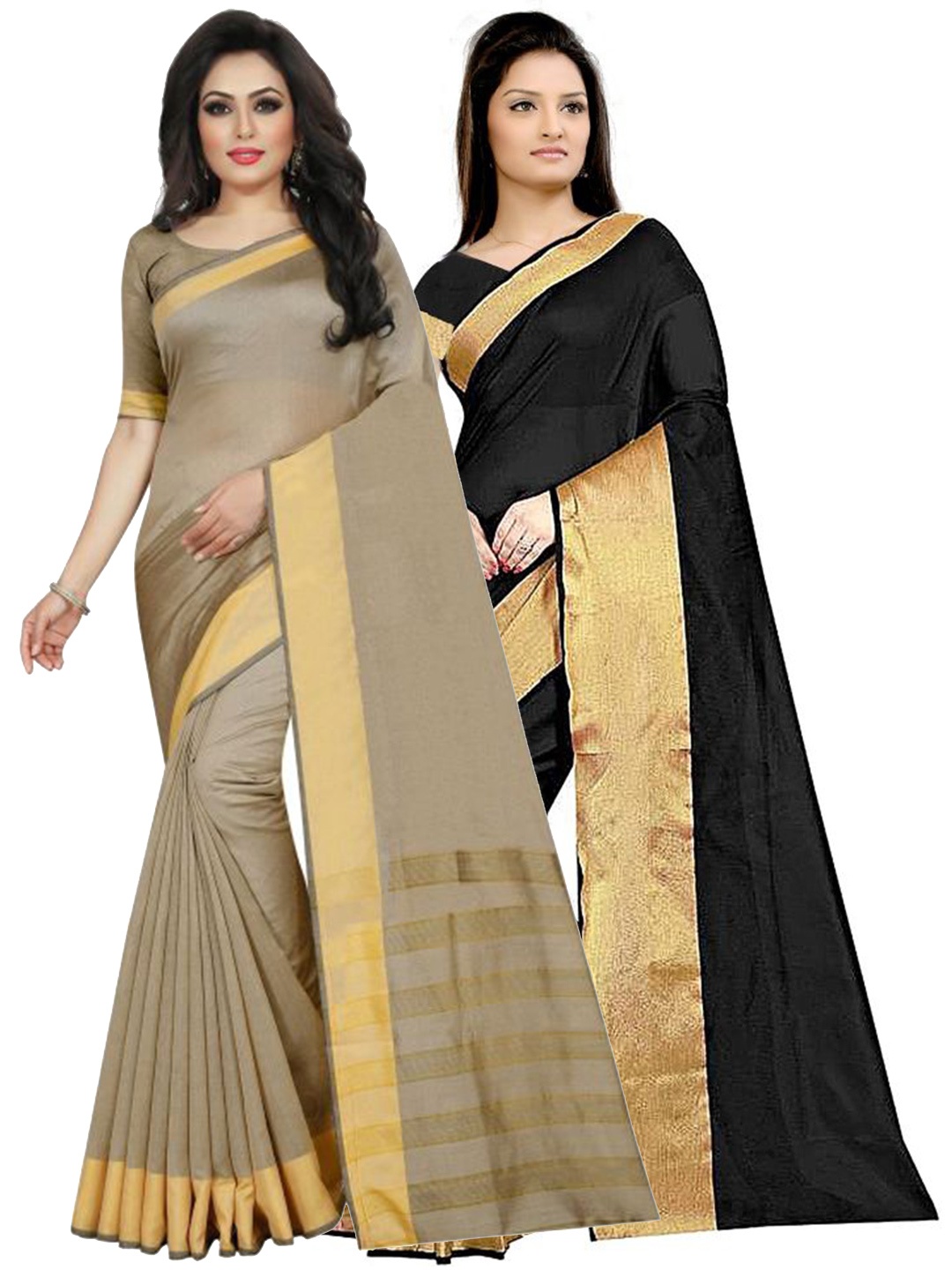 

SAADHVI Pack Of 2 Black & Beige Striped Silk Cotton Saree