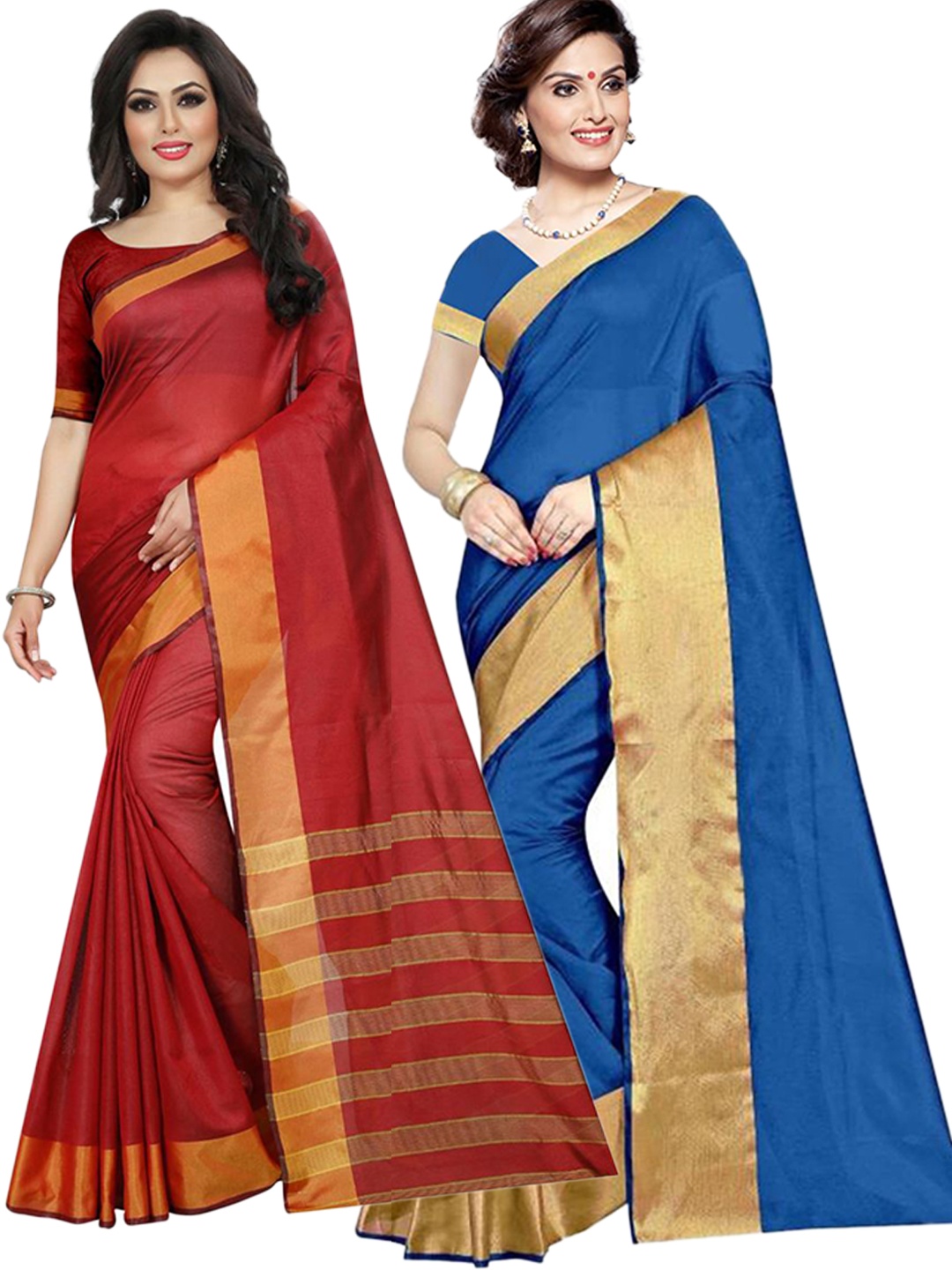 

SAADHVI Pack of 2 Blue & Maroon Zari Silk Cotton Sarees