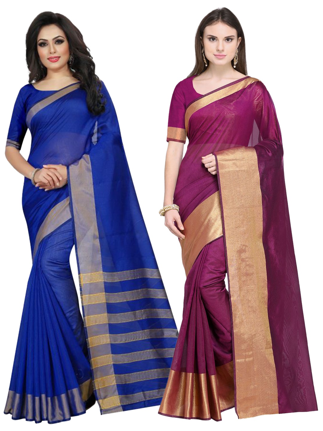 

SAADHVI Pack of 2 Burgundy & Blue Zari Silk Cotton Sarees