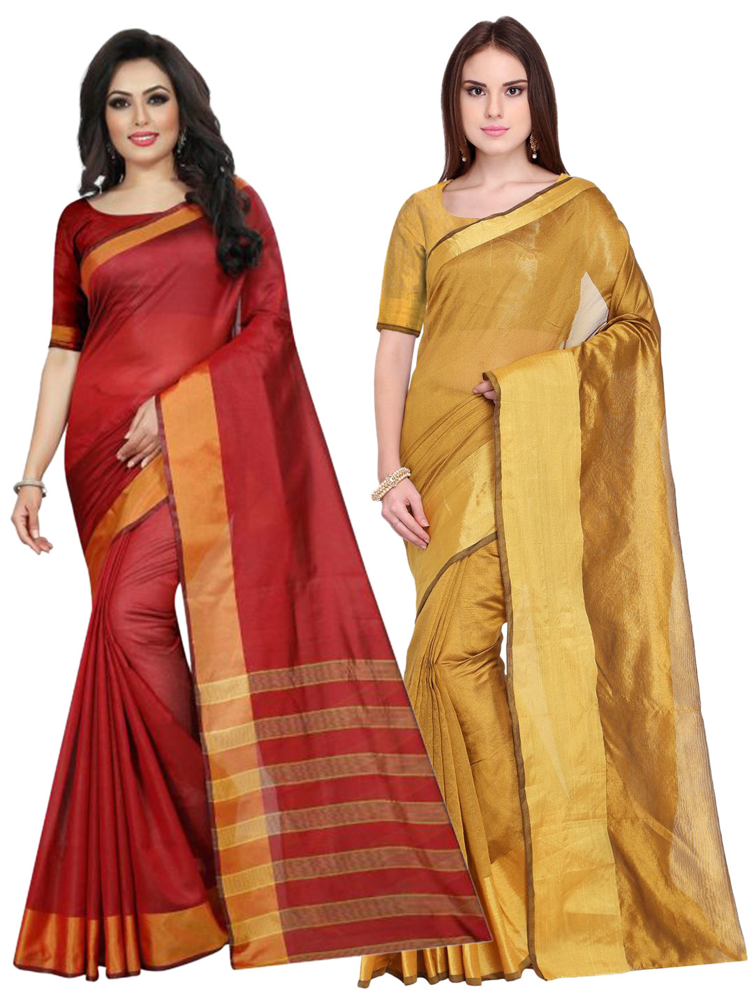 

SAADHVI Pack of 2 Gold-Toned & Maroon Silk Cotton Saree