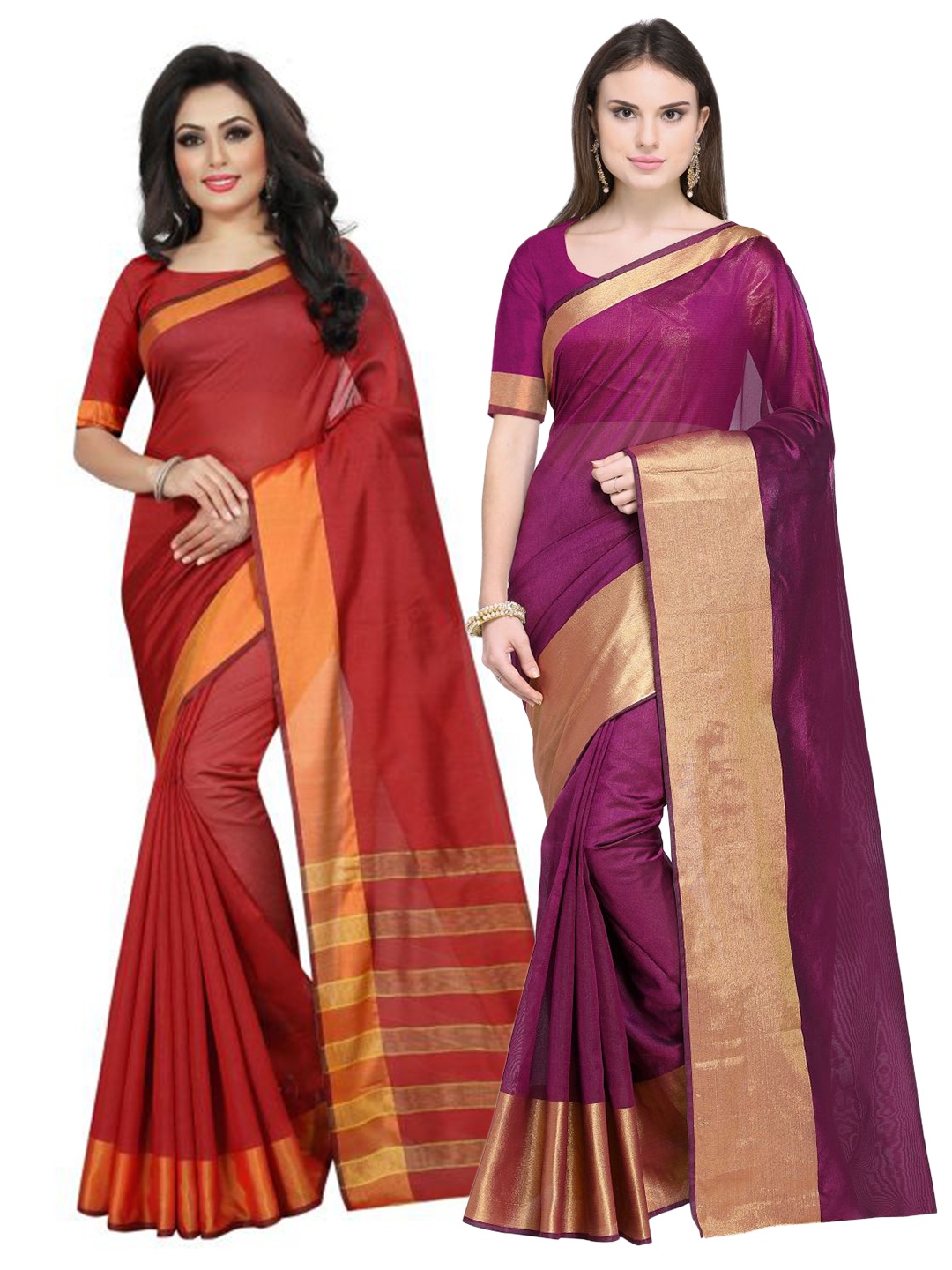 

SAADHVI Set Of 2 Maroon & Burgundy Zari Silk Cotton Saree