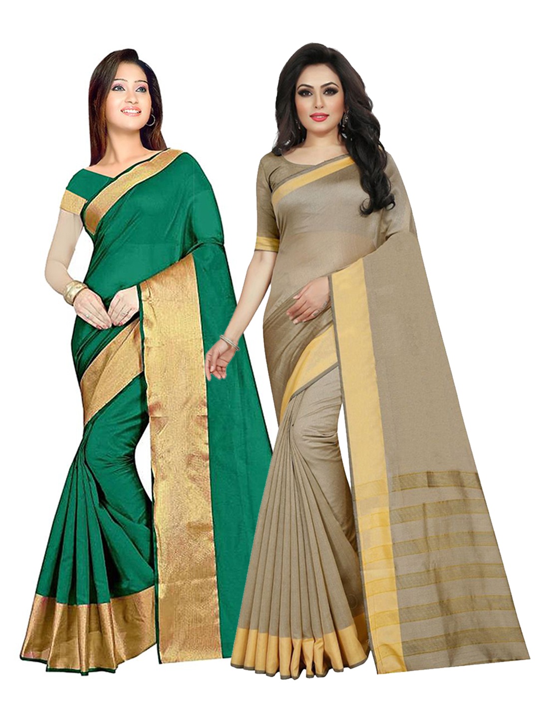 

SAADHVI Green & Beige Solid Set of 2 Silk Cotton Saree