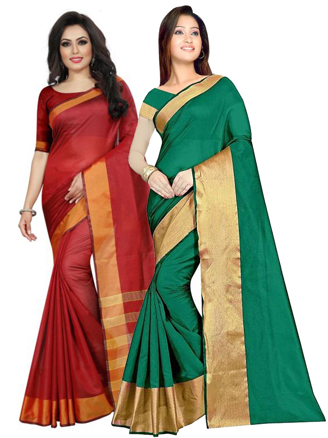

SAADHVI Green & Maroon Striped Zari Silk Cotton Saree