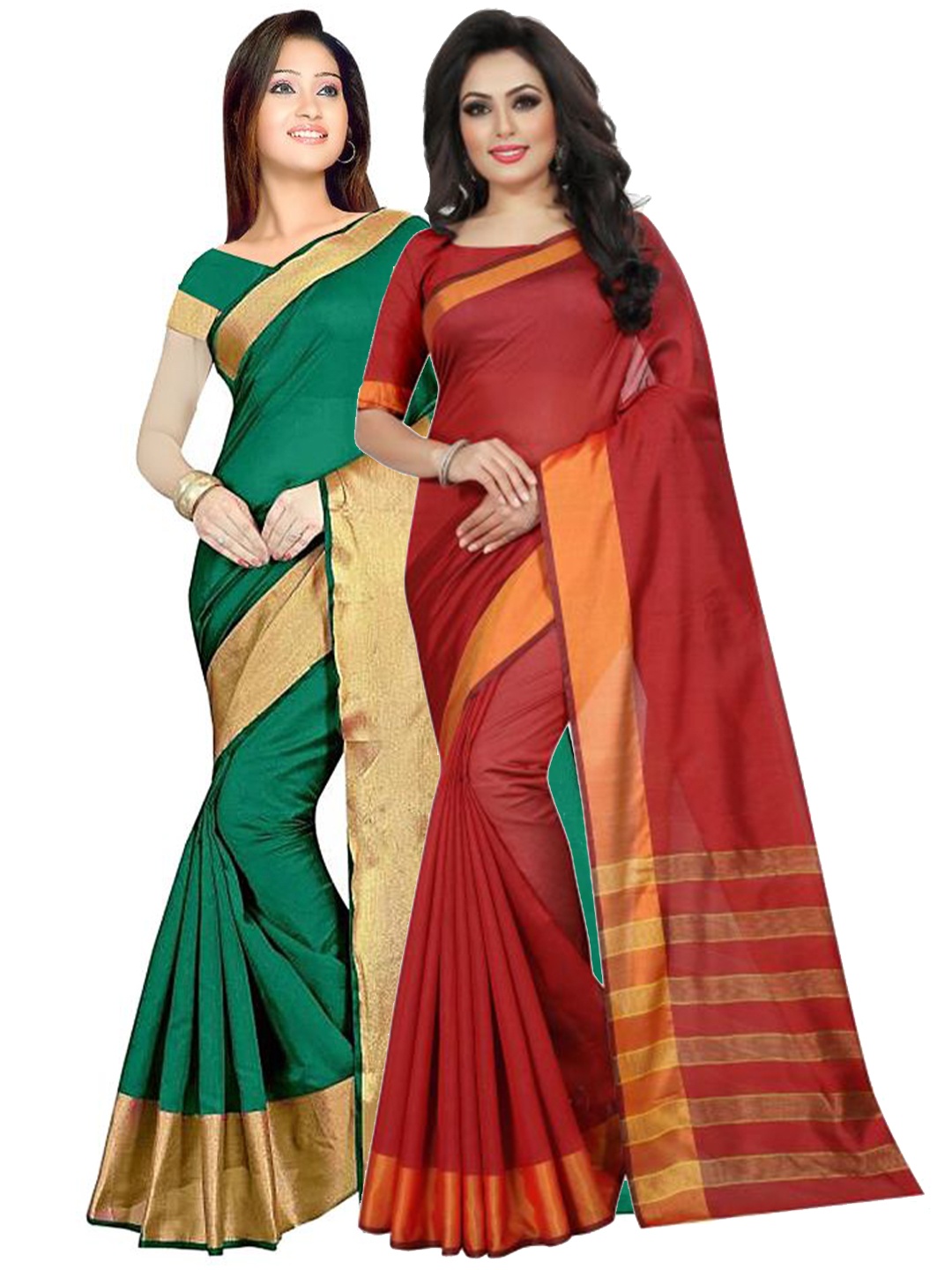 

SAADHVI Pack of 2 Green & Red Striped Zari Silk Cotton Sarees