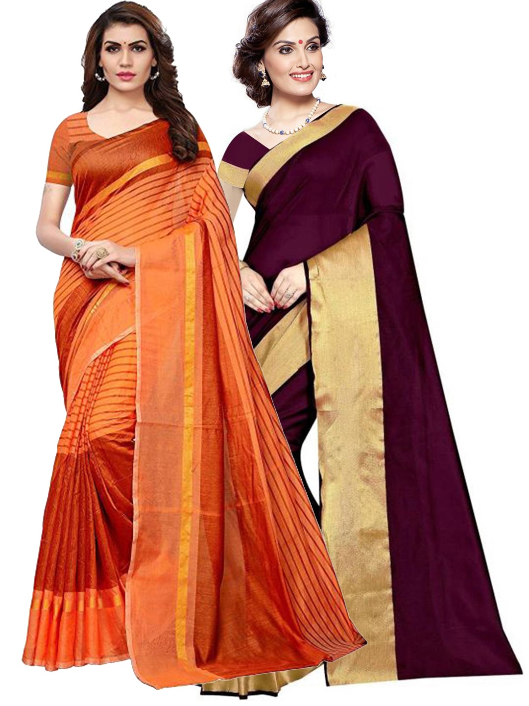 

SAADHVI Pack of 2 Burgundy & Orange Striped Zari Silk Cotton Saree
