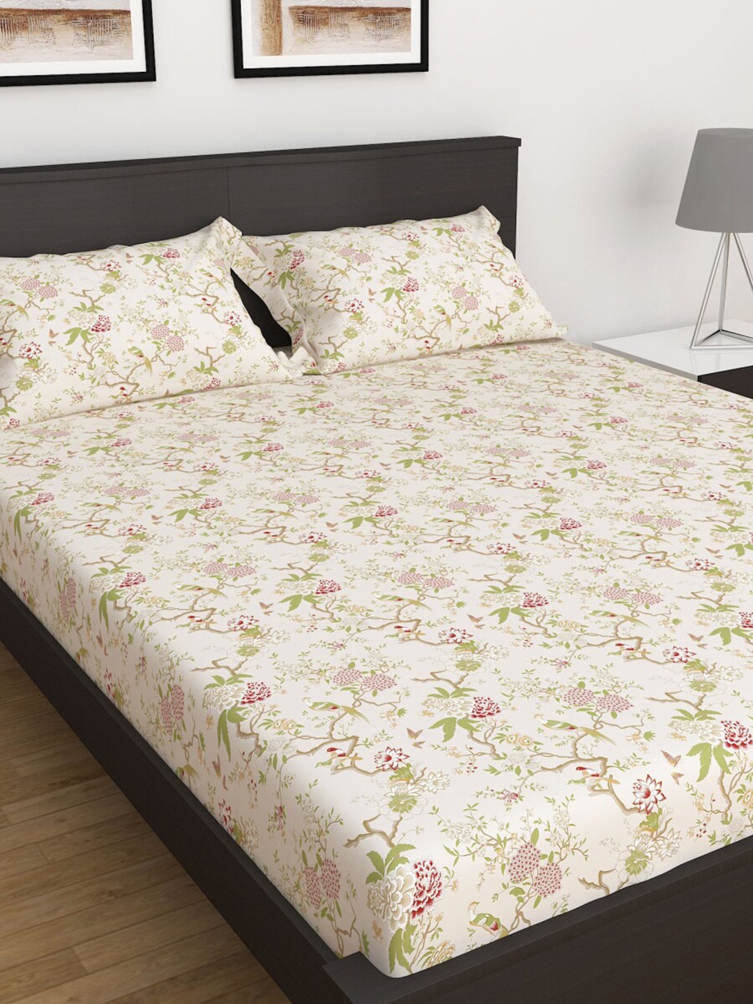 

Home Centre Floral Printed 180 TC Queen Bedsheet with 2 Pillow Covers, Off white
