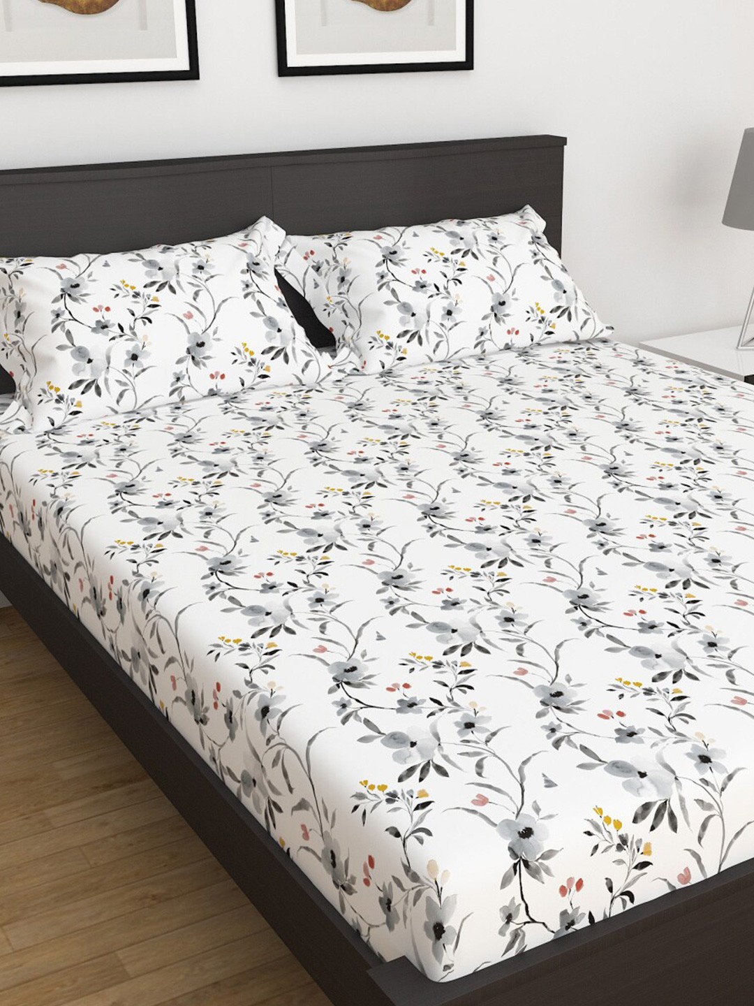 

Home Centre White Printed 150 TC Cotton Queen Fitted Bedsheet Set