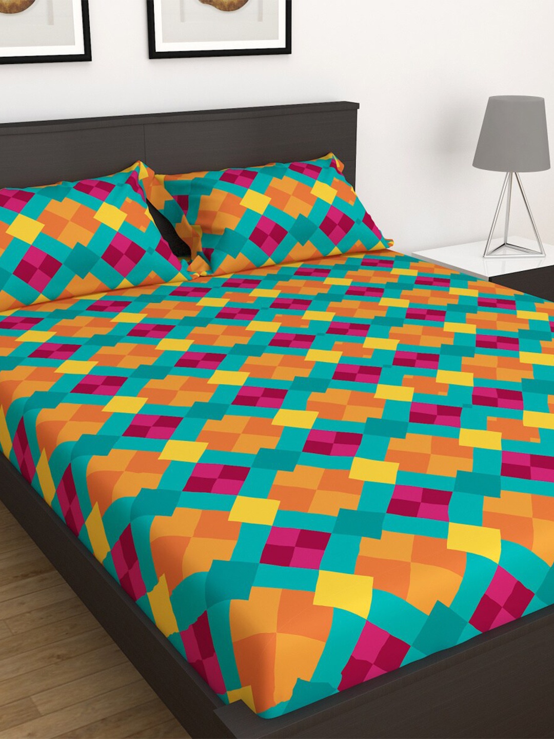 

Home Centre Geometric 180 TC Queen Bedsheet with 2 Pillow Covers, Blue