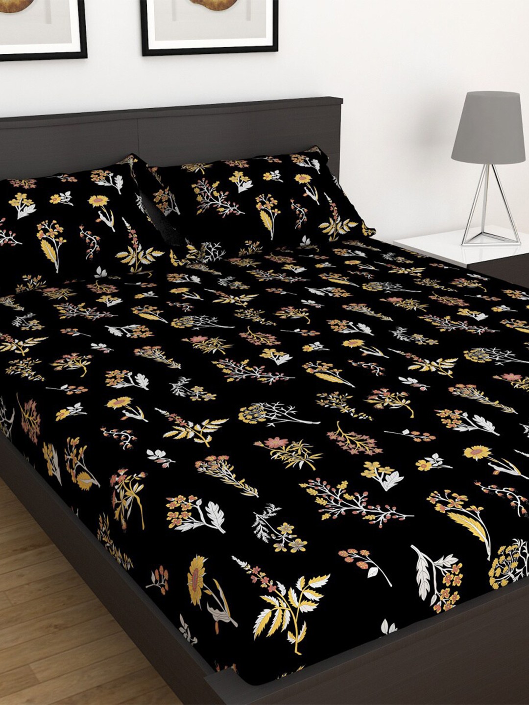

Home Centre Cotton Floral 180 TC King Bedsheet with 2 Pillow Covers, Black