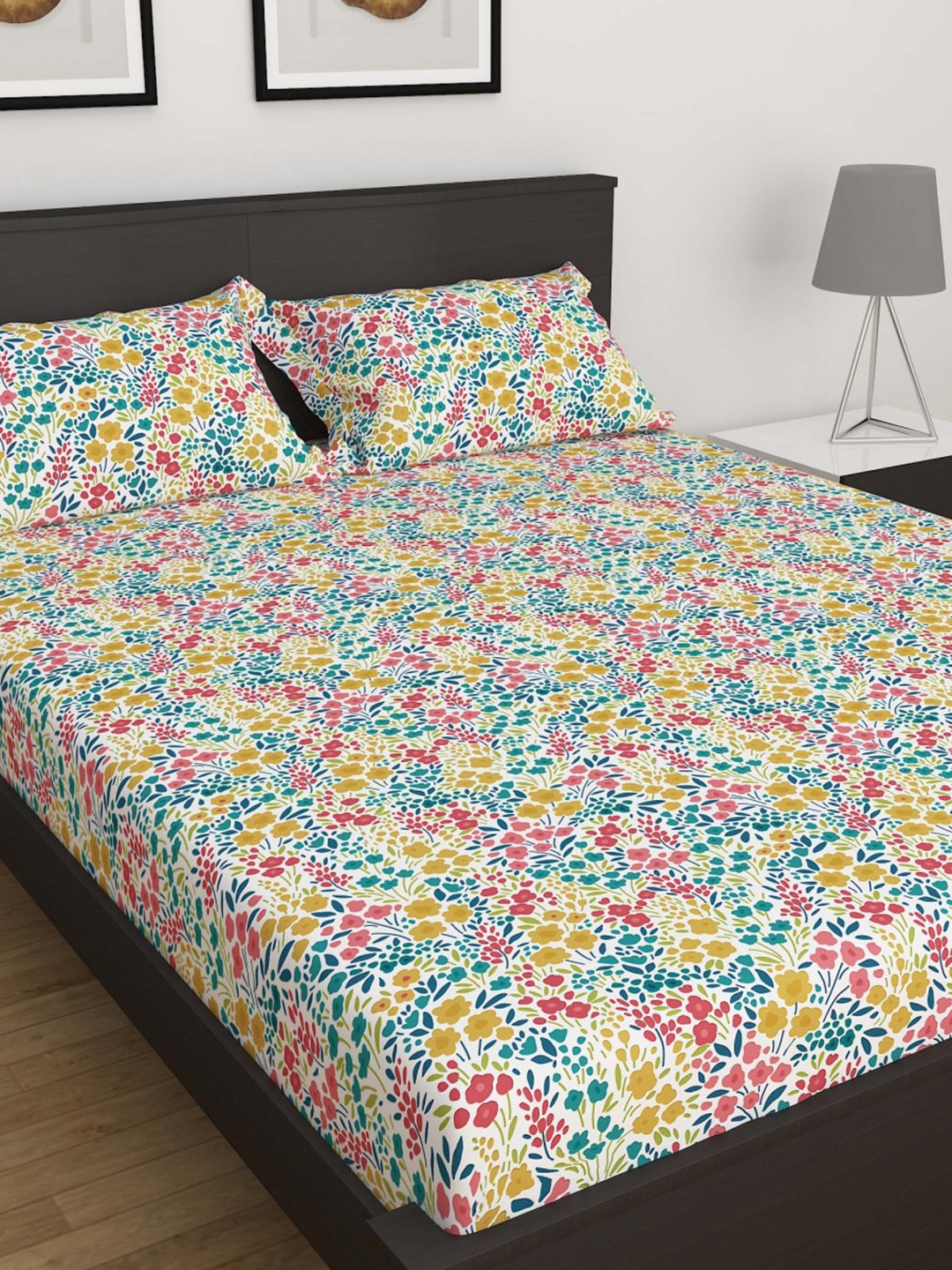

Home Centre Cotton Floral 180 TC Queen Bedsheet with 2 Pillow Covers, Green