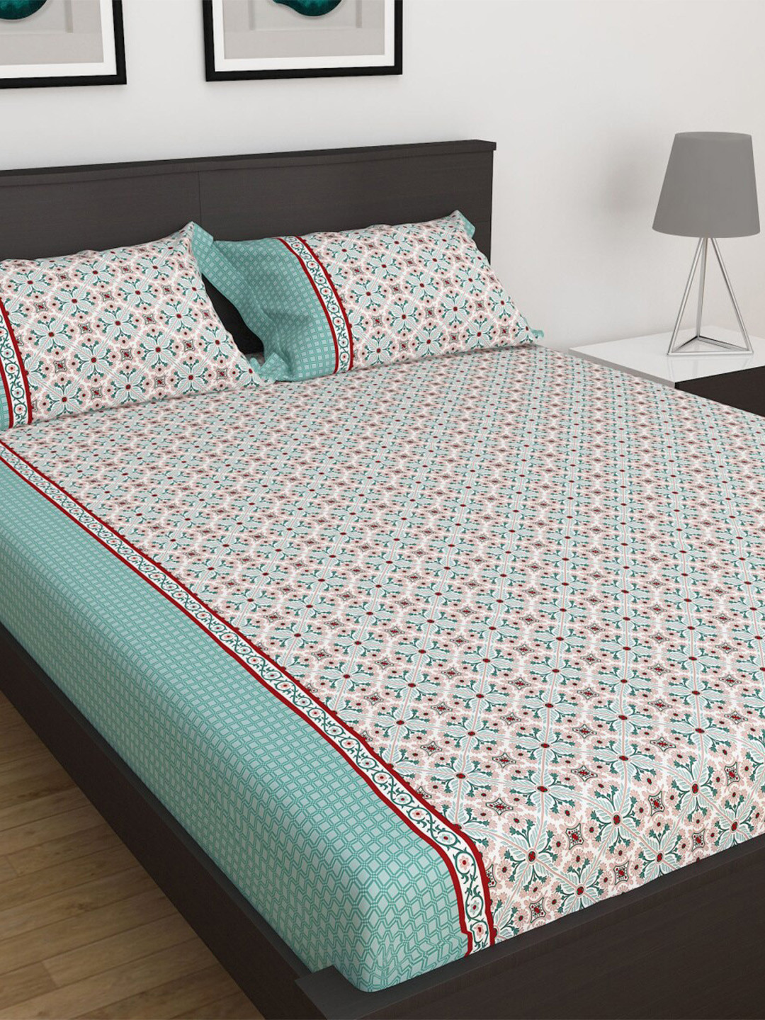 

Home Centre Cotton Ethnic Motifs 180 TC King Bedsheet with 2 Pillow Covers, Blue