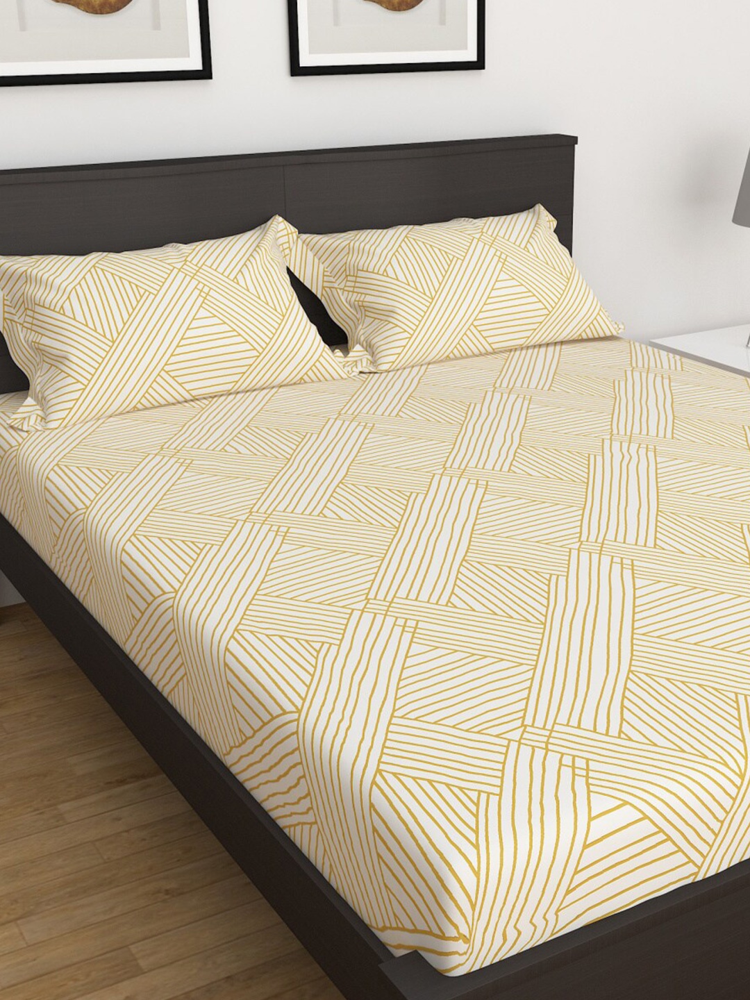 

Home Centre Yellow & White Striped Cotton 144 TC Queen Bedsheet With 2 Pillow Covers