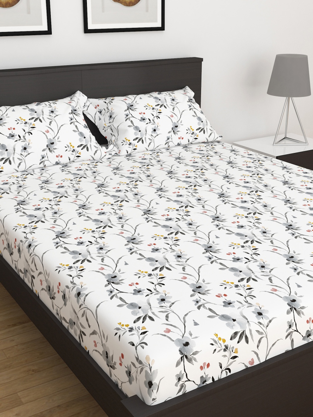 

Home Centre White & Grey Floral Cotton 180 TC King Bedsheet With 2 Pillow Covers