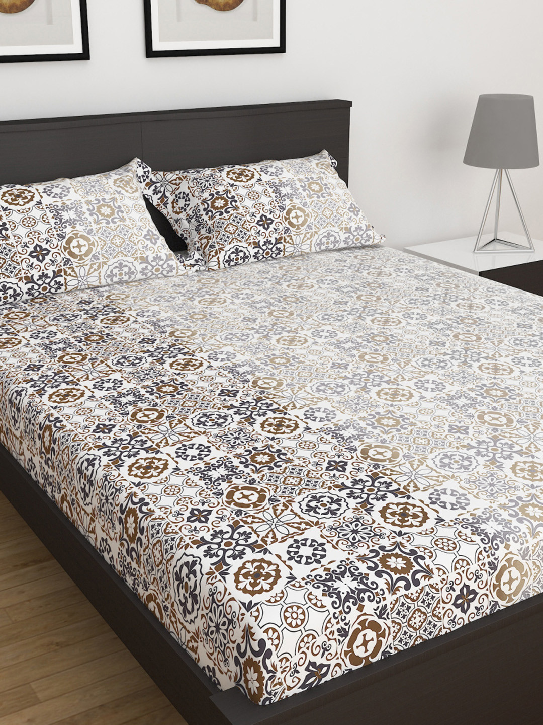 

Home Centre Bouquet White Printed 180 TC Cotton Fitted King Bedsheet with 2 Pillow Covers