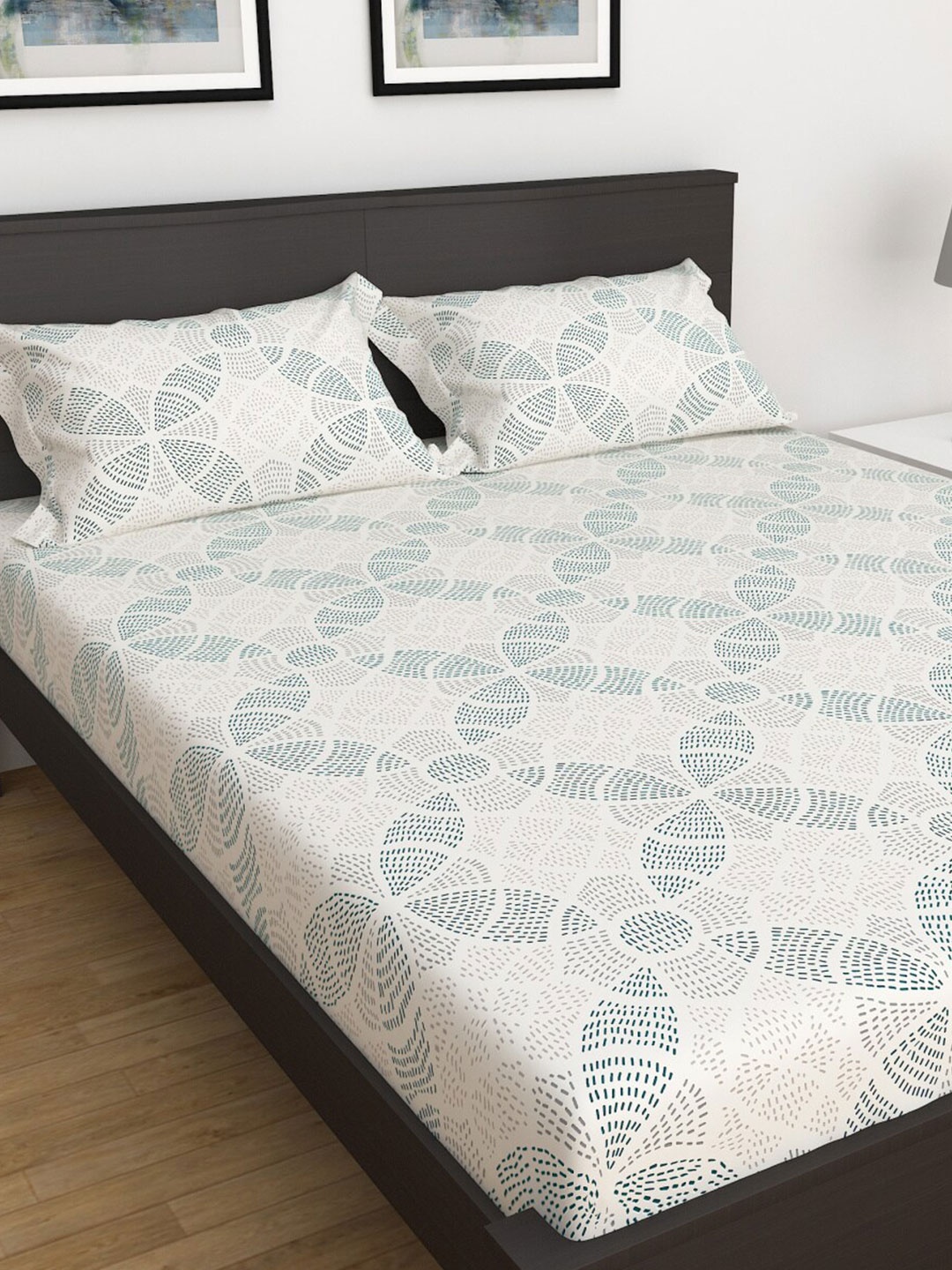 

Home Centre White & Green Floral Cotton 144 TC Queen Bedsheet With 2 Pillow Covers