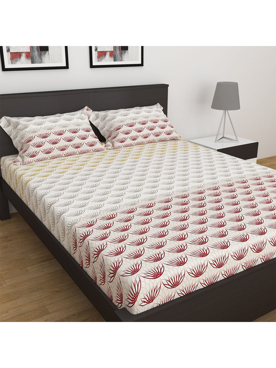 

Home Centre Red & White Floral Cotton 180 TC King Bedsheet With 2 Pillow Covers