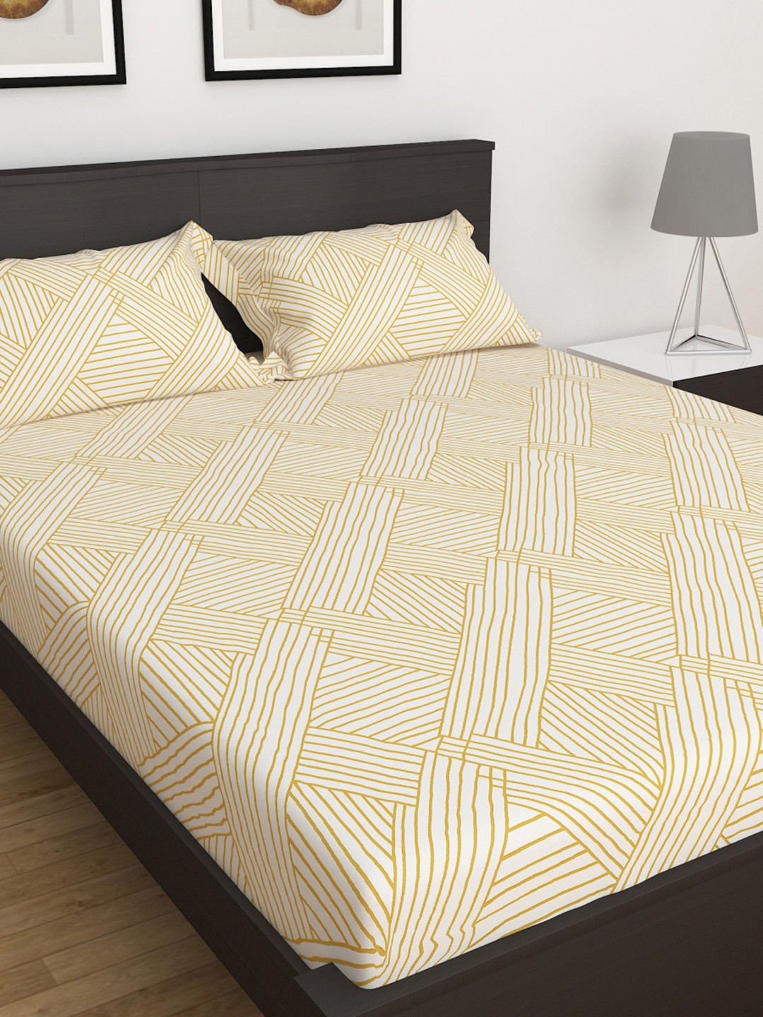 

Home Centre Bouquet Yellow Geometric 144 TC Fitted Queen Bedsheet with 2 Pillow Covers