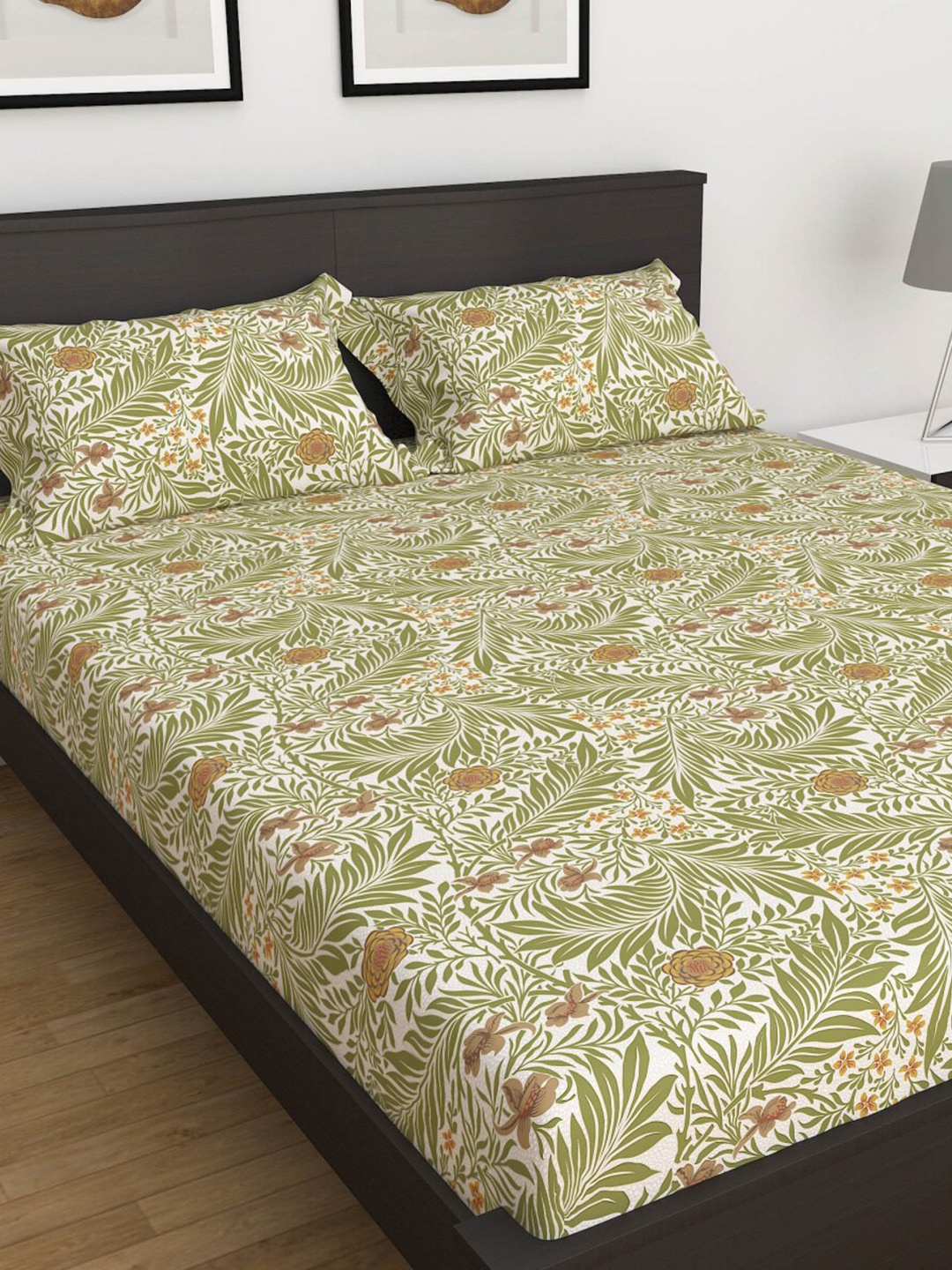 

Home Centre Beige & Green Floral Cotton 180 TC King Bedsheet With 2 Pillow Covers