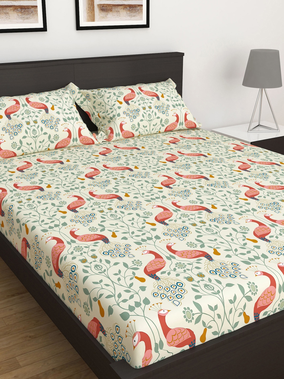 

Home Centre Cream & Green Ethnic Motifs Cotton 180 TC Queen Bedsheet With 2 Pillow Covers