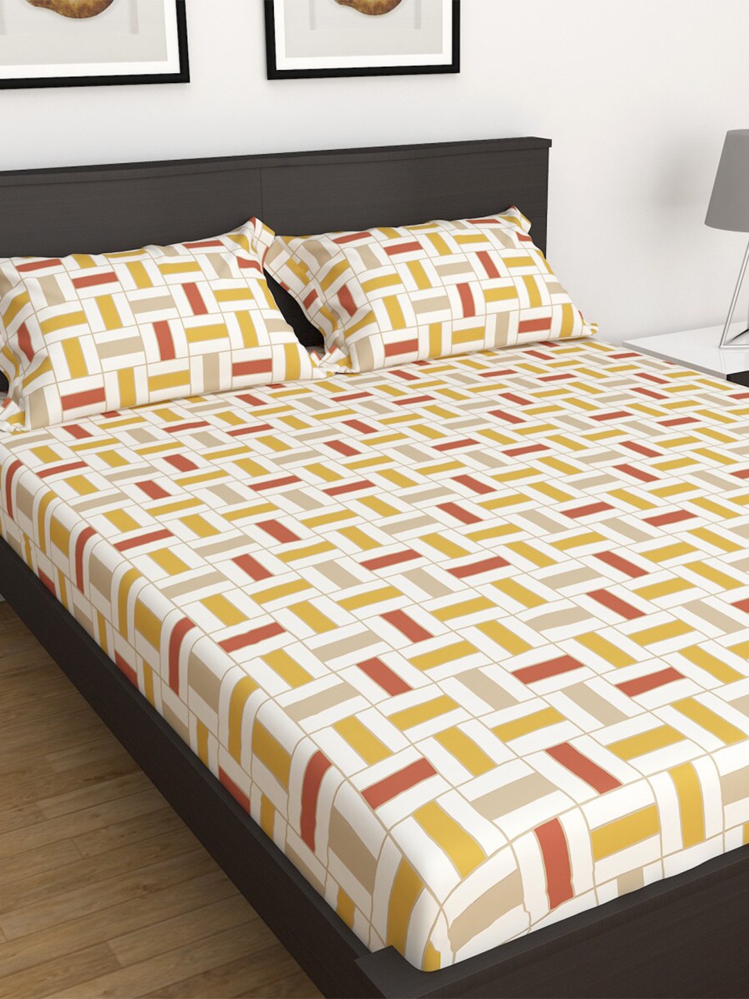 

Home Centre White & Yellow Geometric 144 TC Cotton Queen Bedsheet With 2 Pillow Covers