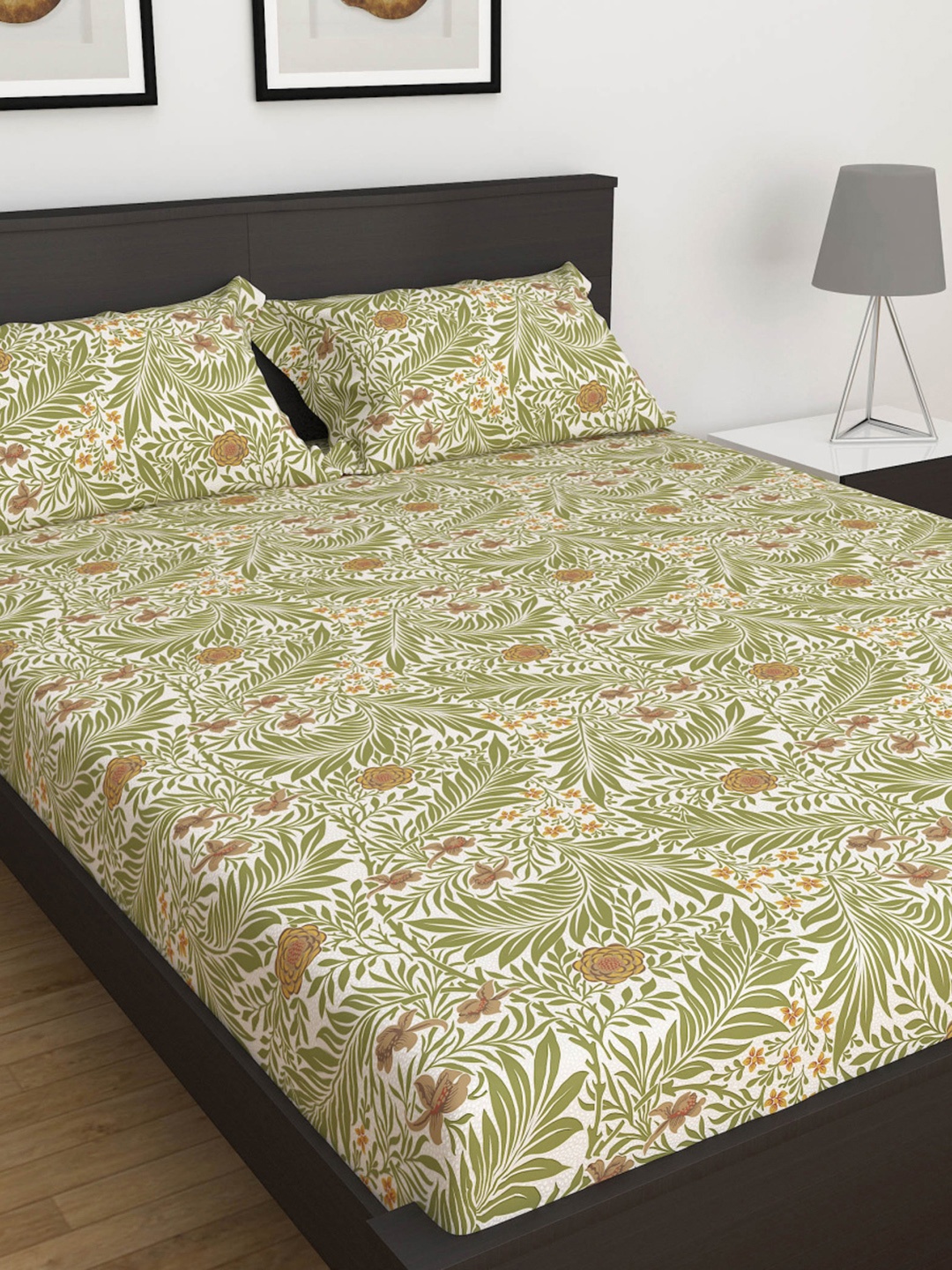 

Home Centre Beige & Green Floral Cotton180 TC King Bedsheet With 2 Pillow Covers