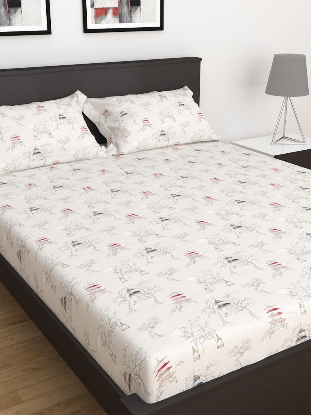 

Home Centre Red & Grey Art Of Asia Pagoda Cotton King Size Fitted Bedsheet Set