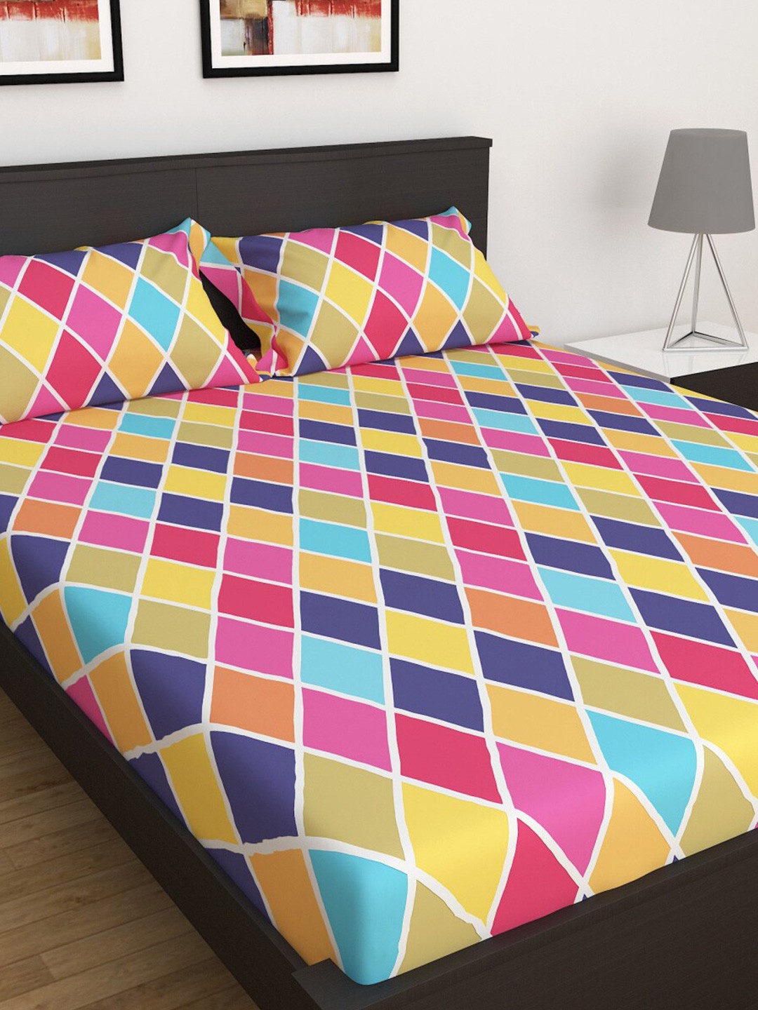 

Home Centre Pink & Yellow Geometric 180 TC Queen Bedsheet with 2 Pillow Covers