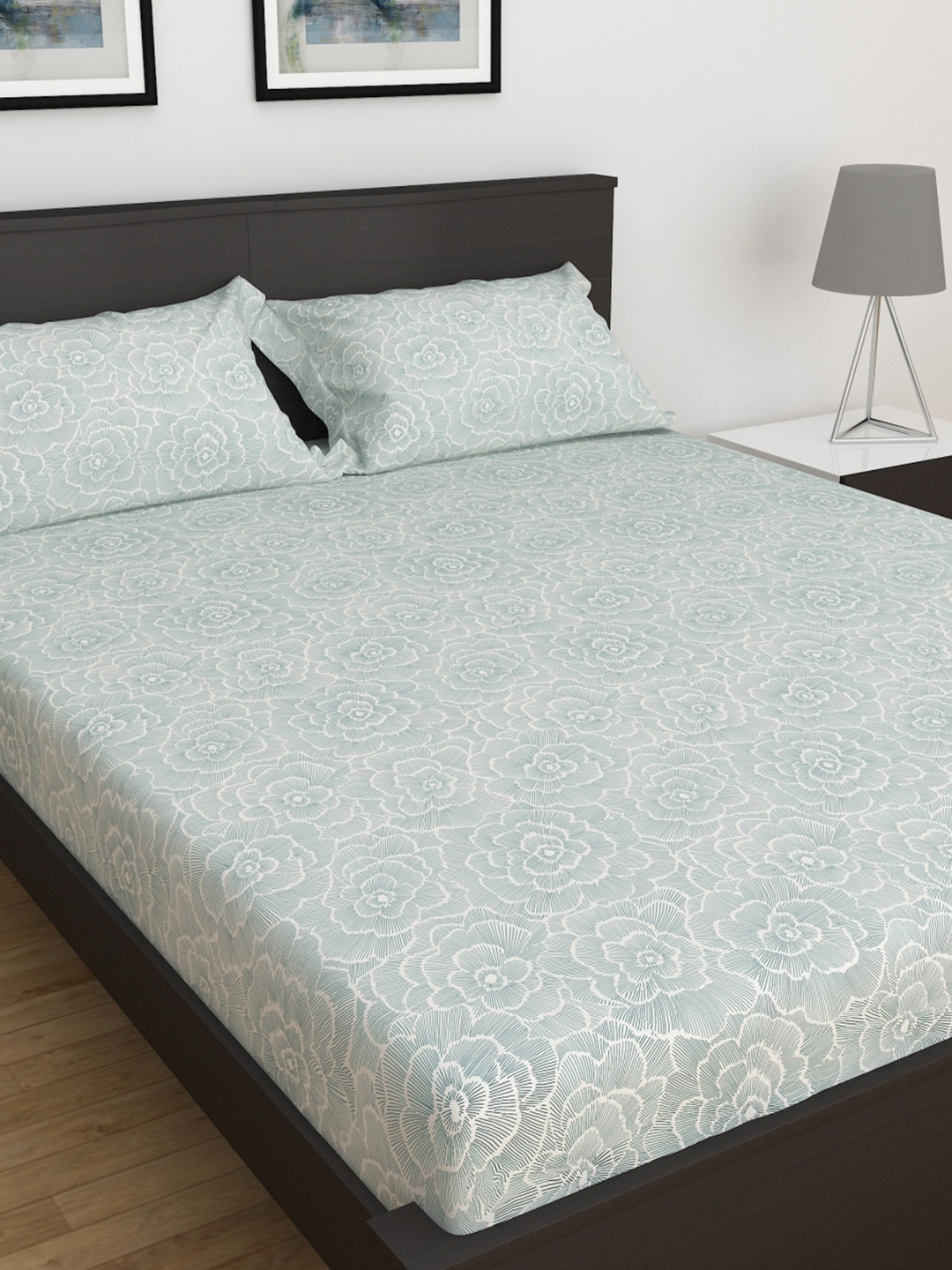 

Home Centre Teal & White Floral 144 TC Cotton Queen Bedsheet with 2 Pillow Covers