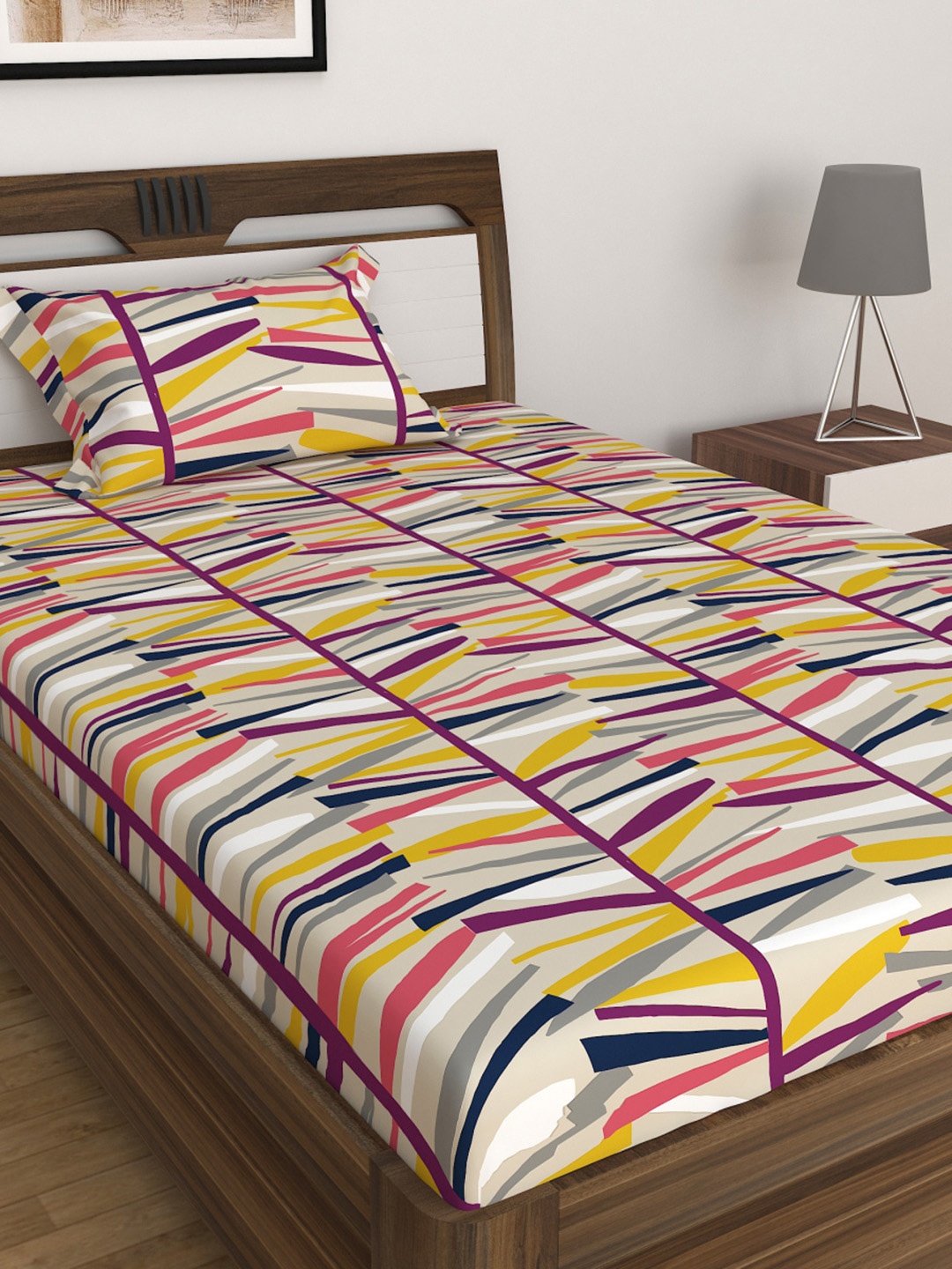 

Home Centre White & Yellow 180 TC Single Bedsheet with 1 Pillow Cover