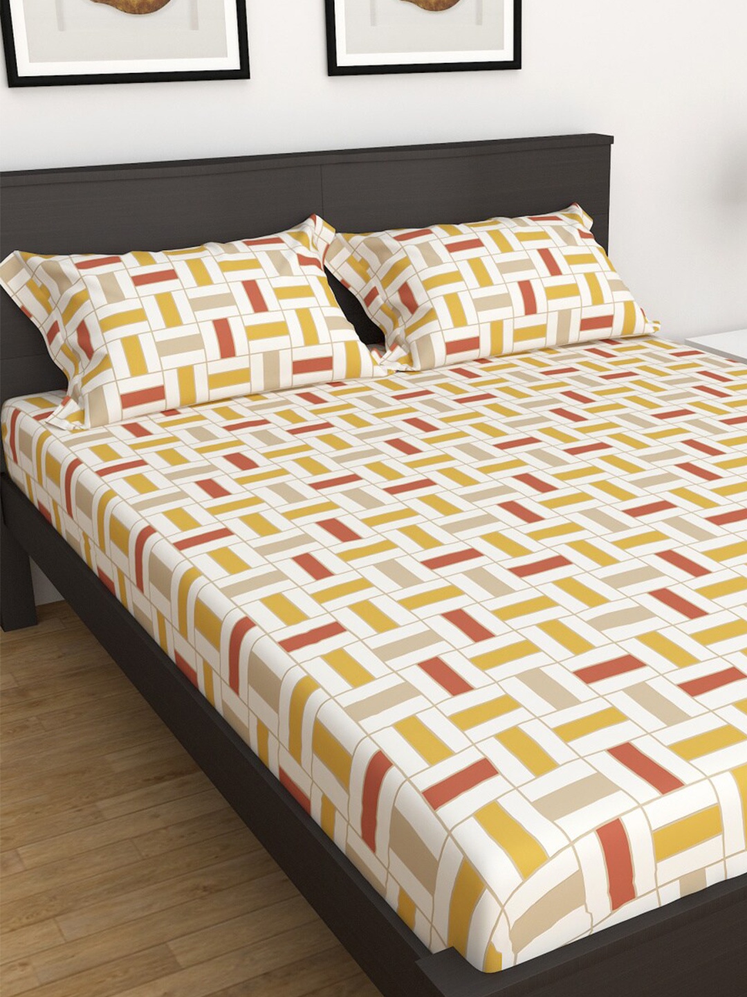 

Home Centre White & Yellow Geometric Cotton 144 TC Queen Bedsheet With 2 Pillow Covers