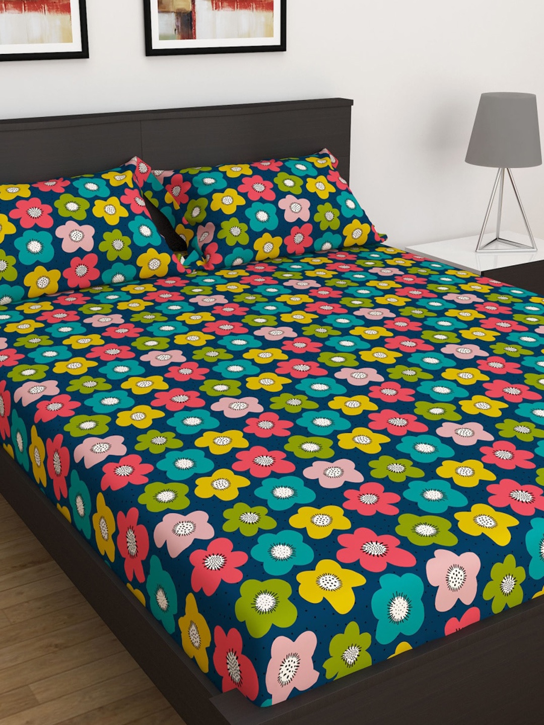 

Home Centre Navy Blue & Pink Floral 180 TC Queen Bedsheet with 2 Pillow Covers
