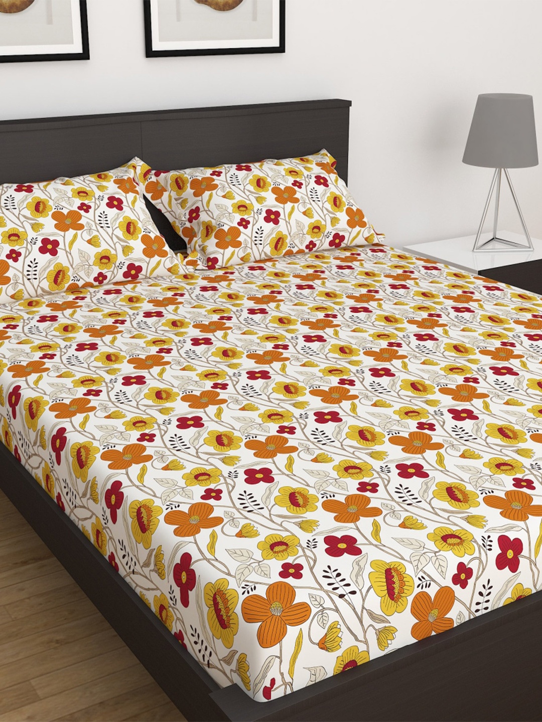 

Home Centre White & Orange Floral 180 TC Queen Bedsheet with 2 Pillow Covers