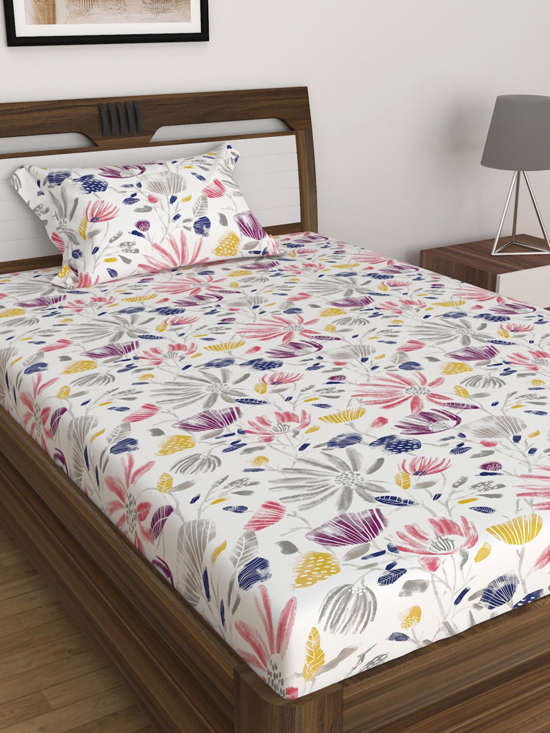 

Home Centre White & Yellow Floral 180 TC Single Bedsheet with 1 Pillow Cover