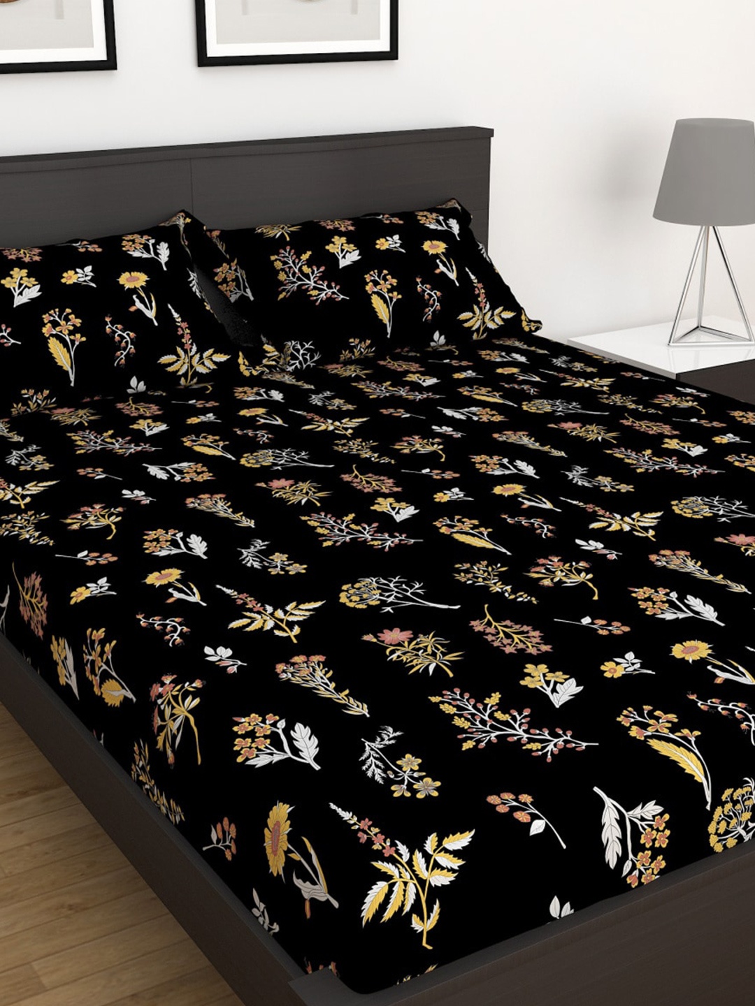 

Home Centre Black & Yellow Floral 180 TC King Bedsheet with 2 Pillow Covers