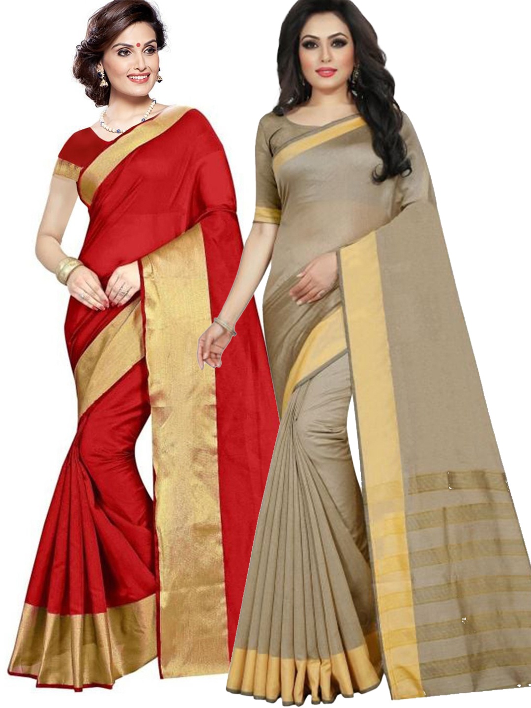 

SAADHVI Red & Gold-Toned Silk Solid Cotton Saree Pack Of 2