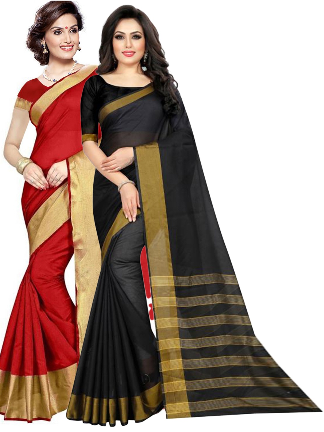 

SAADHVI Pack Of 2 Red & Black Striped Zari Silk Cotton Saree
