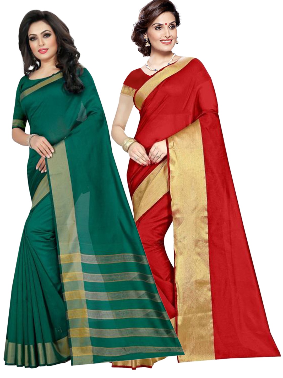 

SAADHVI Pack of 2 Red & Gold-Toned Striped Silk Cotton Saree