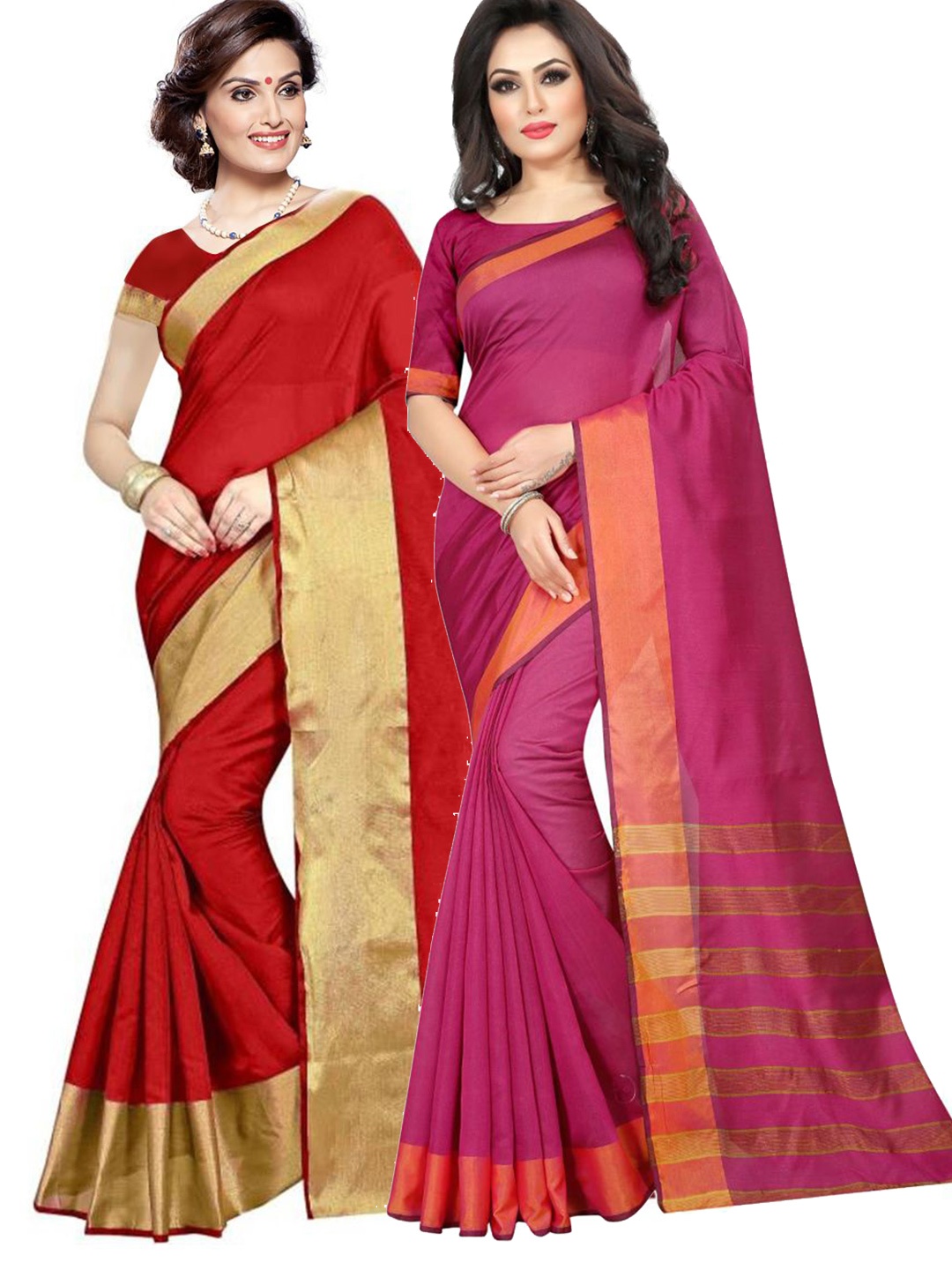 

SAADHVI Pack of 2 Red & Magenta Zari Silk Cotton Sarees