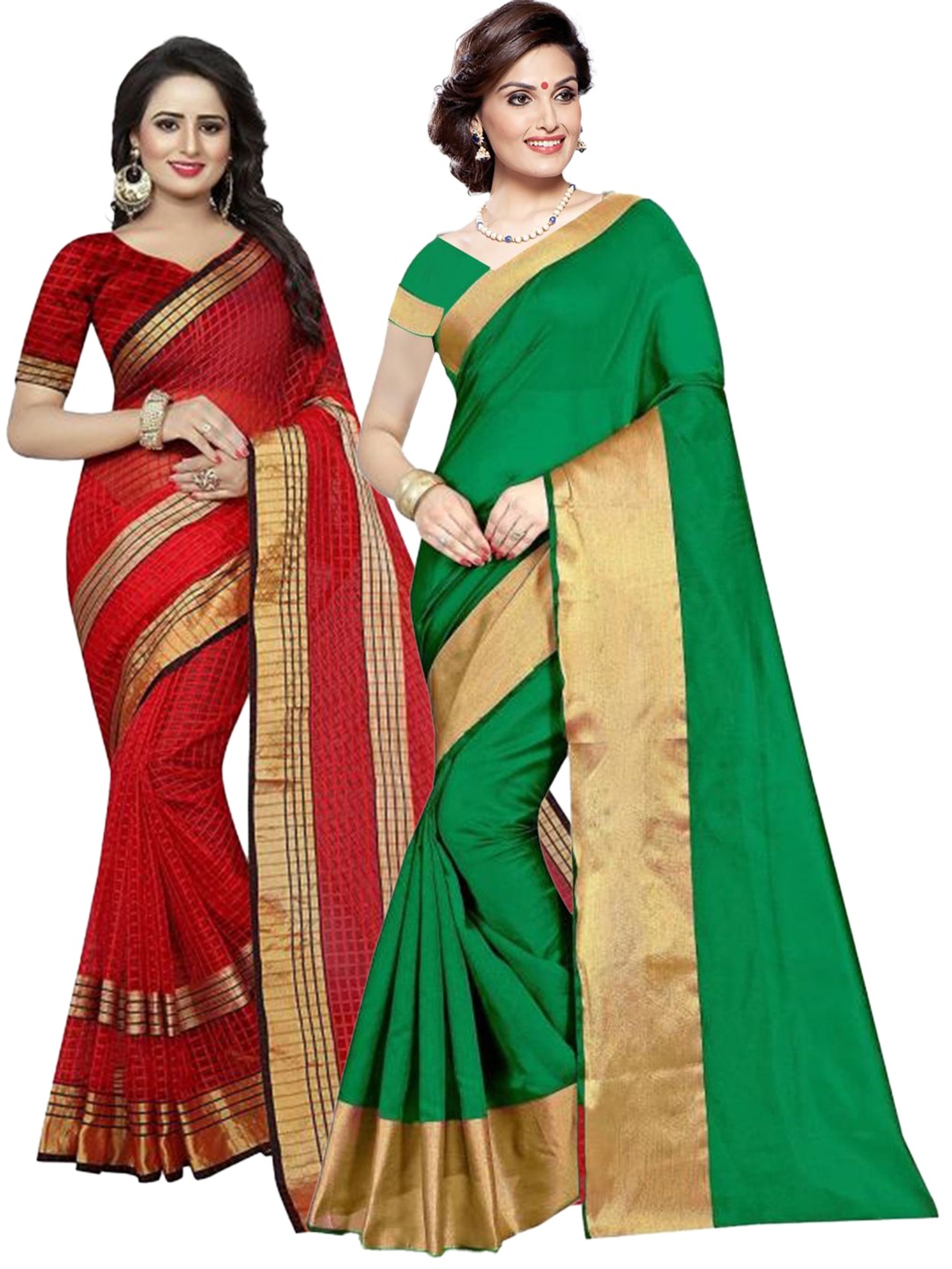 

SAADHVI Pack of 2 Green & Red Silk Cotton Sarees