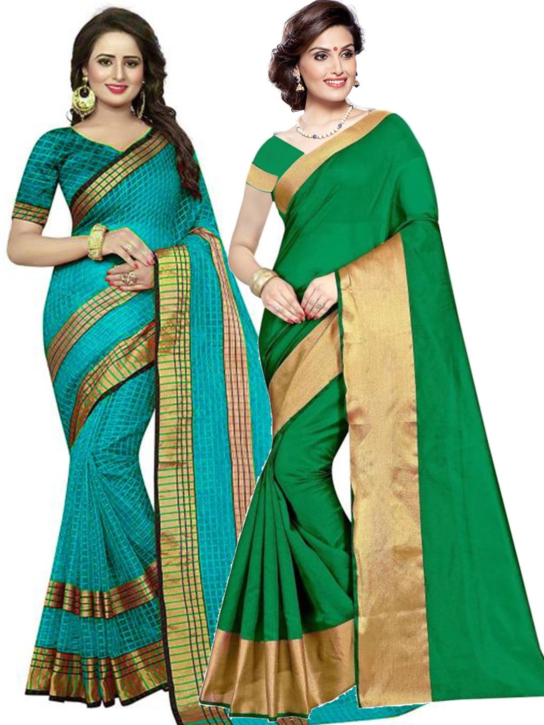 

SAADHVI Pack Of 2 Green & Teal Striped Zari Silk Cotton Saree