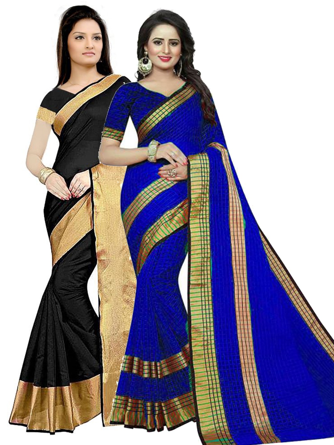 

SAADHVI Pack of 2 Black & Navy Blue Striped Silk Cotton Sarees