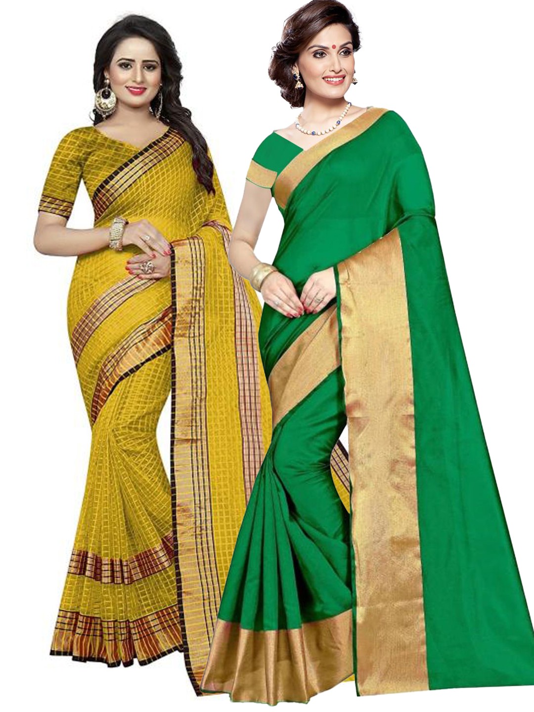 

SAADHVI Pack of 2 Green & Yellow Striped Silk Cotton Saree