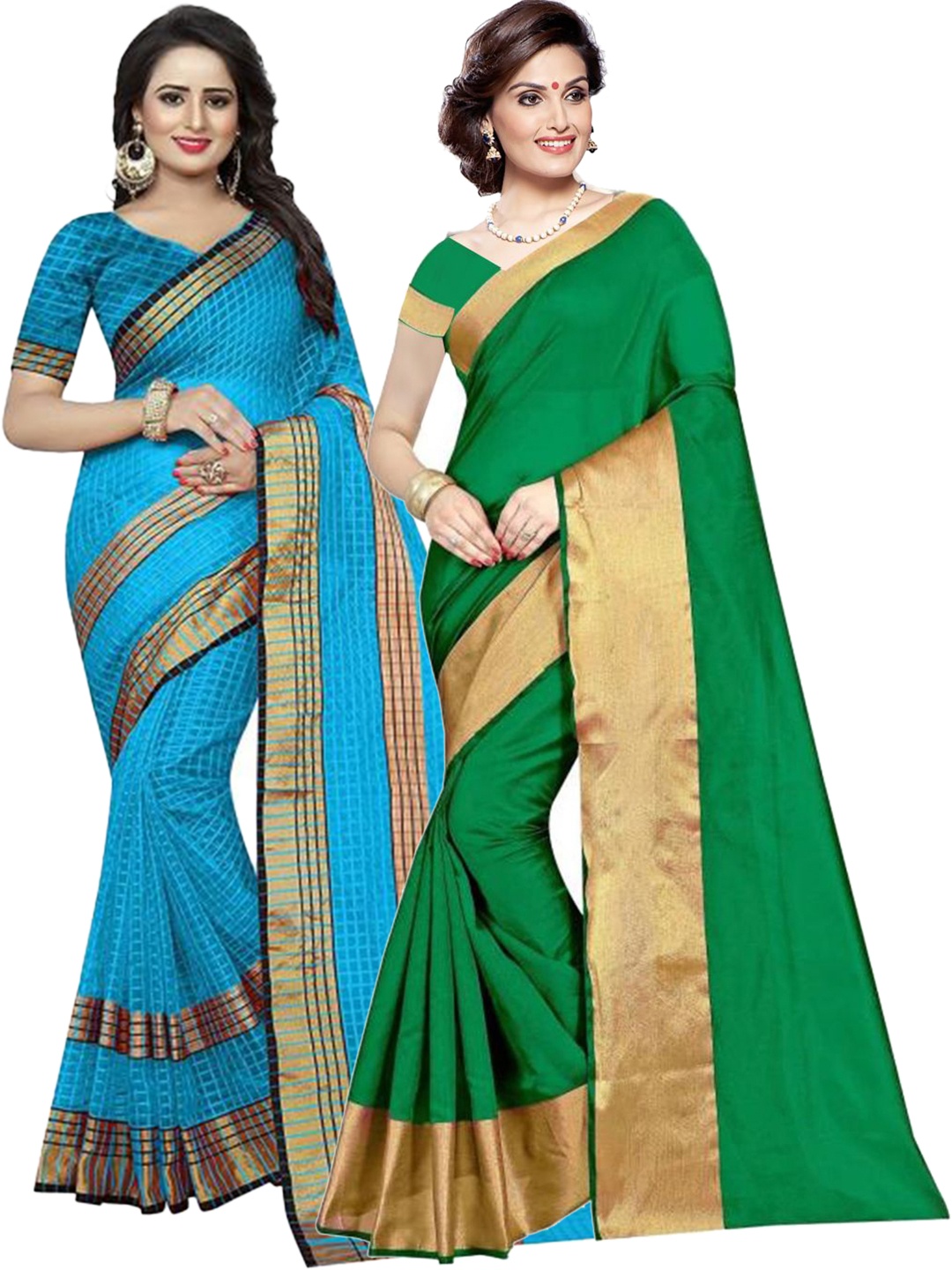 

SAADHVI Set Of 2 Green & Blue Zari Silk Cotton Saree