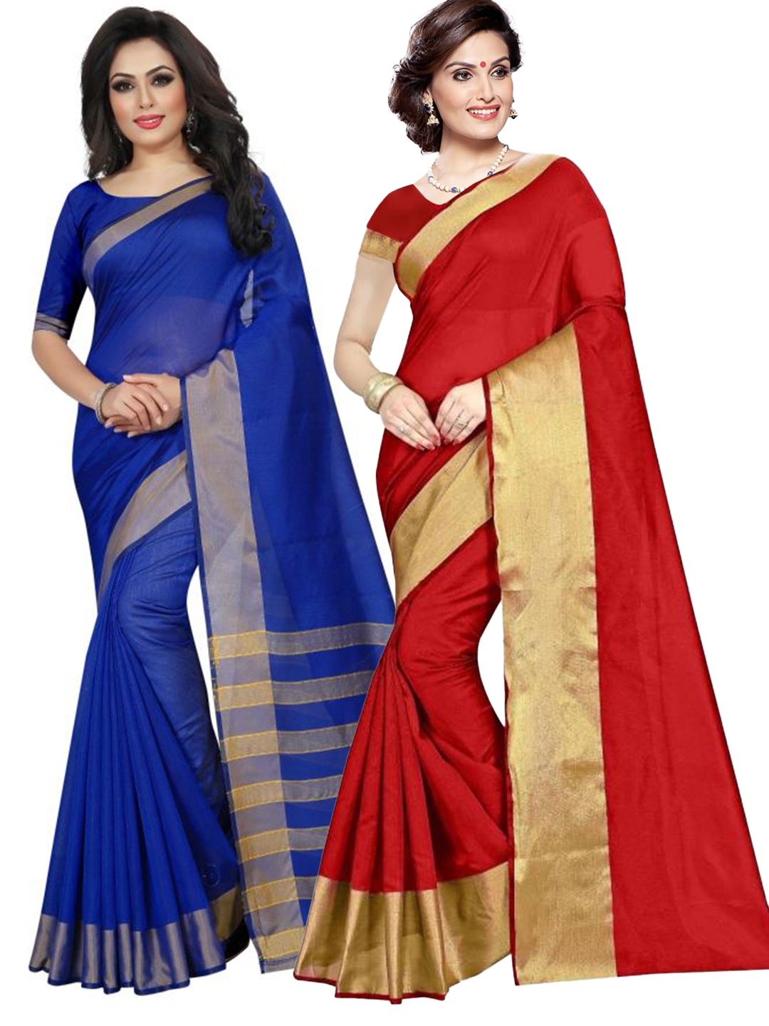 

SAADHVI Pack of 2 Red & Blue Zari Silk Cotton Sarees